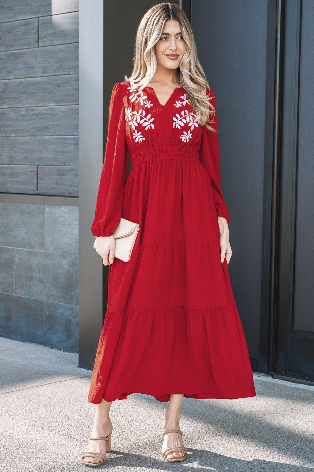 Racing Red Embroidered Cinched Waist Tiered Long Sleeve Maxi Dress S-XL