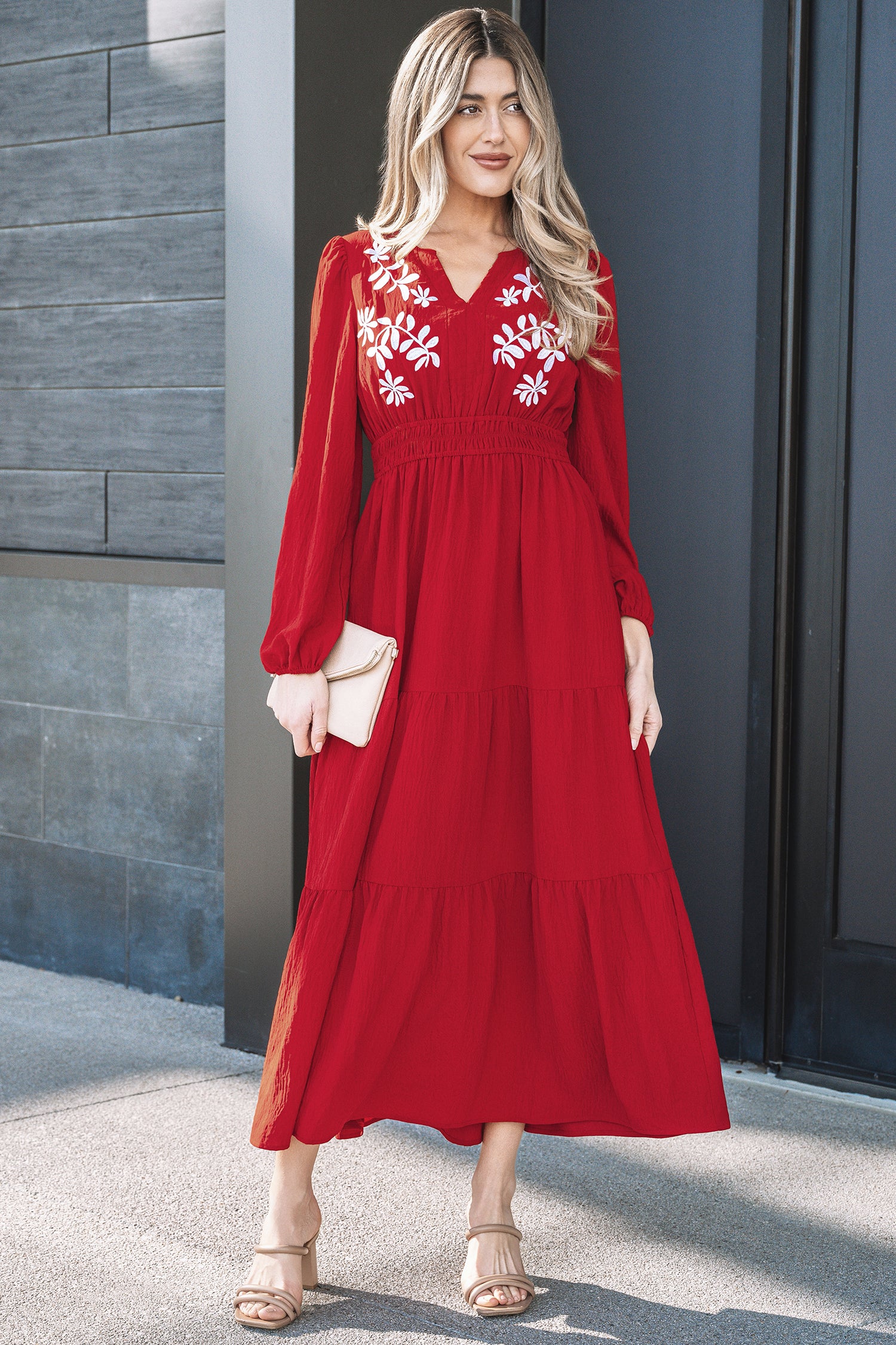 Racing Red Embroidered Cinched Waist Tiered Long Sleeve Maxi Dress S-XL