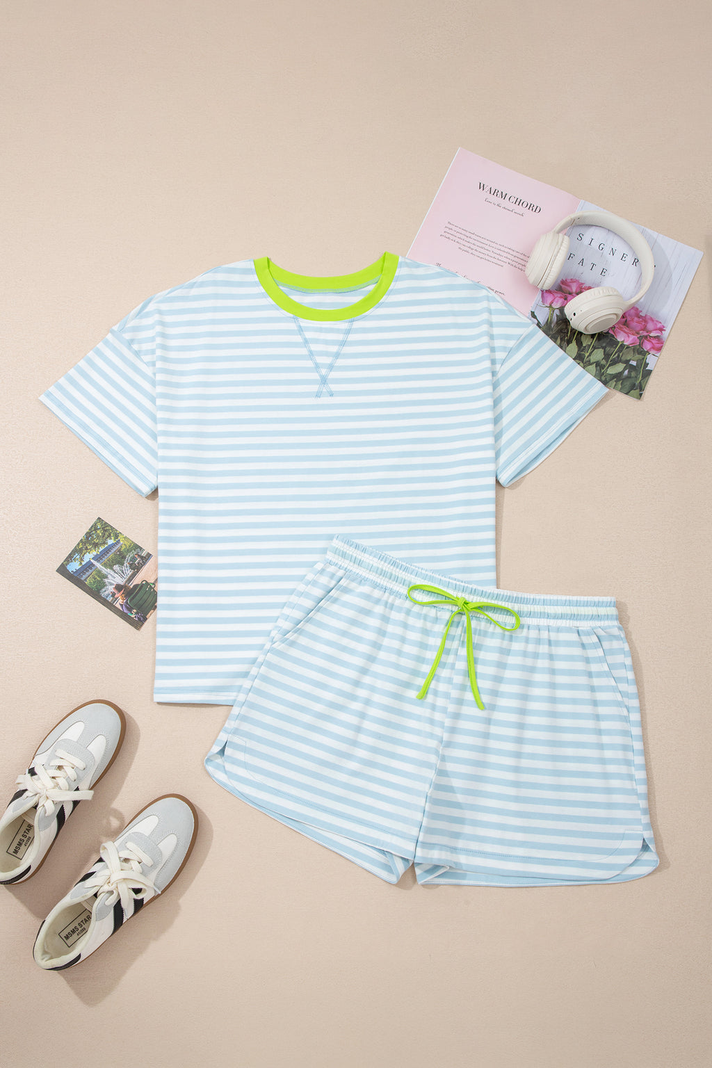 LivelyLooks Stripe Contrast Neck Tee & Drawstring Shorts Co-ord Set S-XL women's fashion