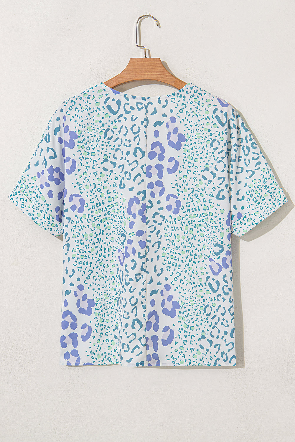 Leopard Print V Neck Blouse Short Sleeve Sky Blue Pink Green Women S-XL