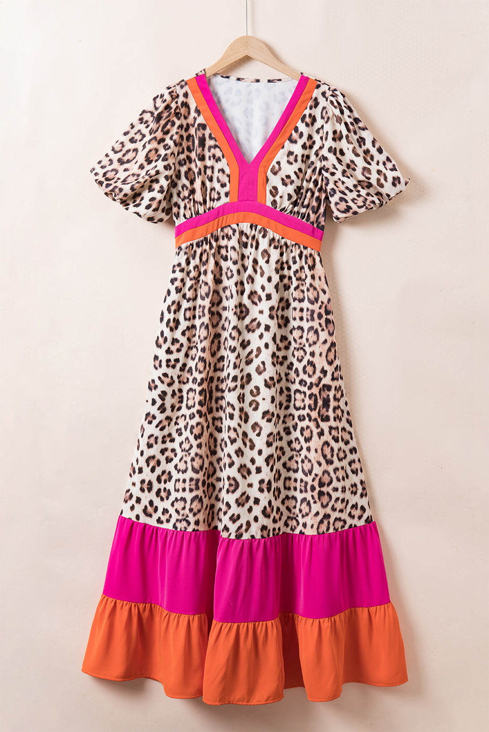 Bright Pink Leopard Colour Block Bubble Sleeve Maxi Dress S-3XL