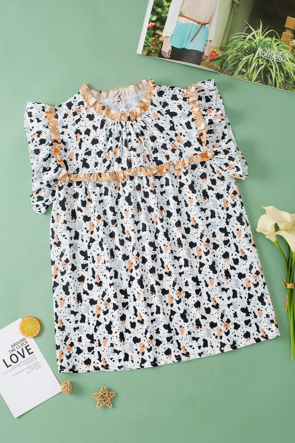 White Leopard Print Frill Neck Flutter Sleeve Blouse | S-XL