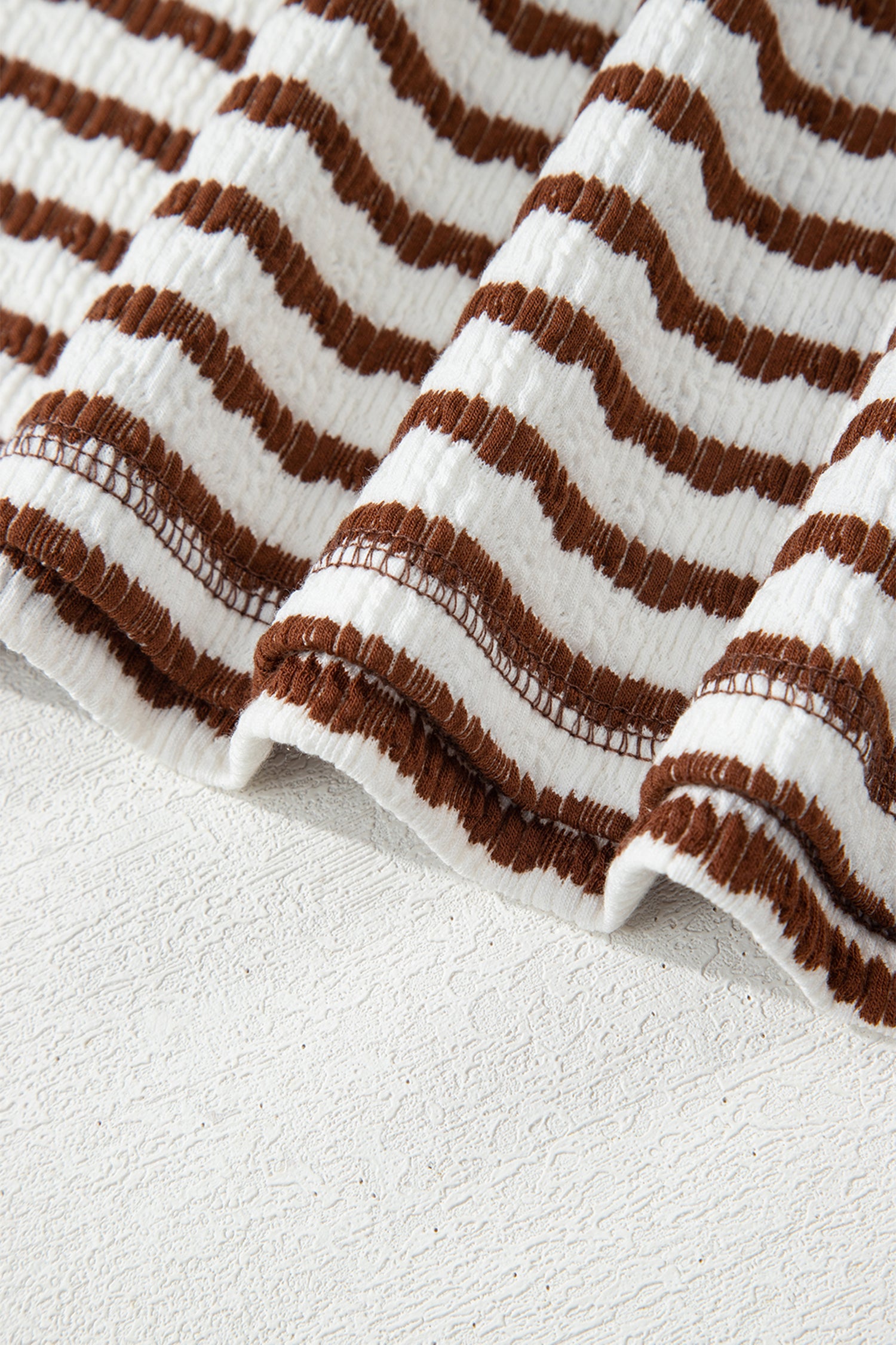 LivelyLooks Brown Stripe Textured Knit Split Hem Half Sleeve Loose Top women's fashion