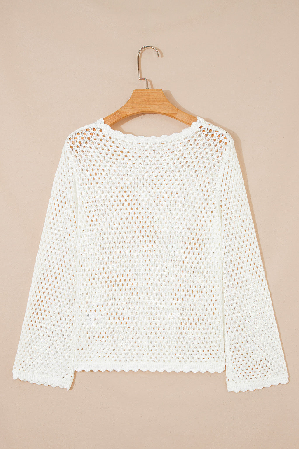 LivelyLooks Yellow Cream Scalloped Trim Hollow Out Knit Long Sleeve Top women's fashion