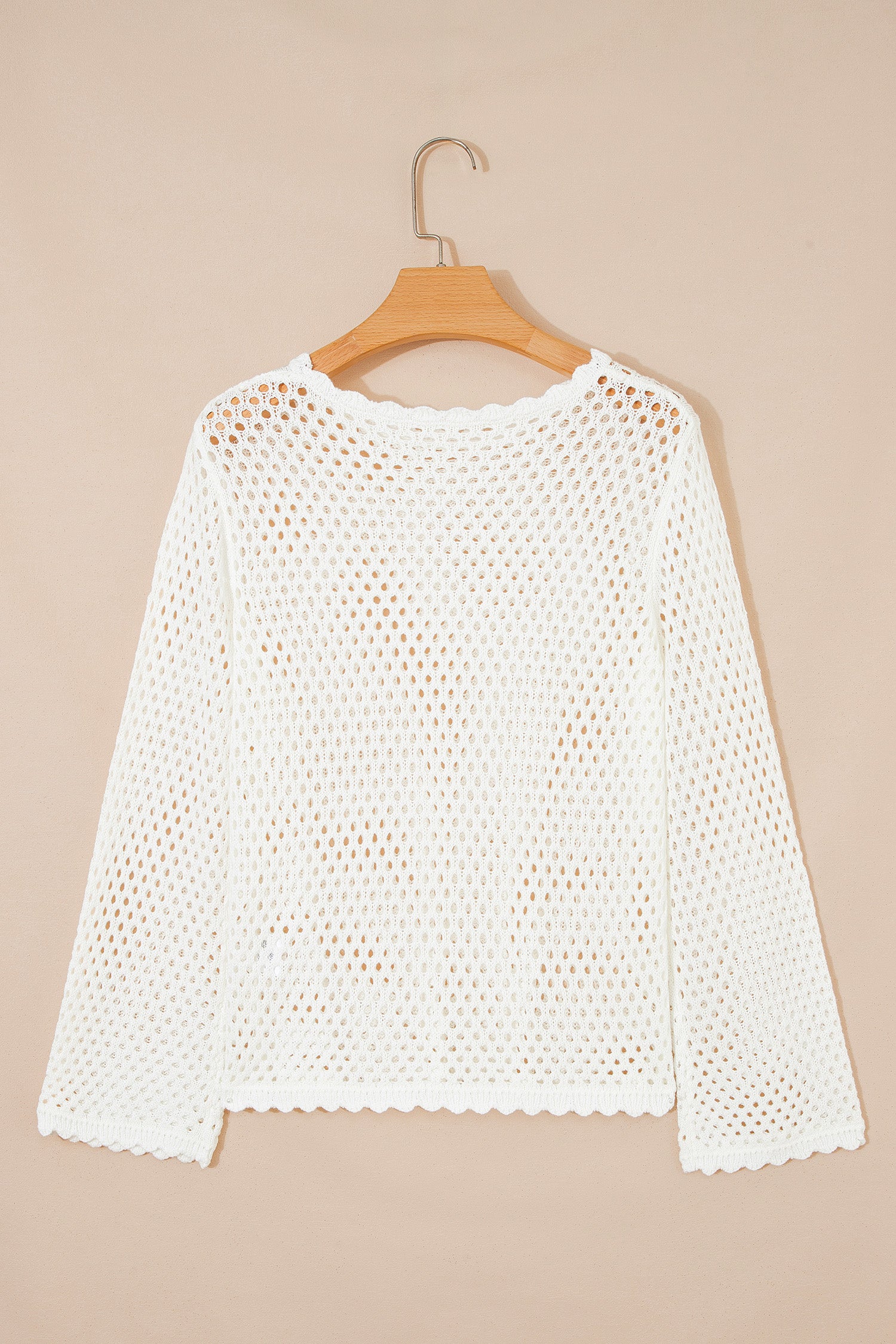 LivelyLooks Yellow Cream Scalloped Trim Hollow Out Knit Long Sleeve Top women's fashion