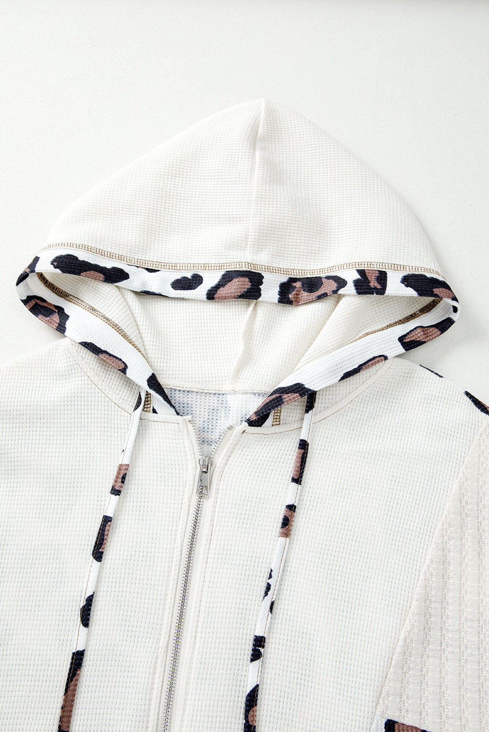 Apricot Leopard Contrast Patchwork Zip Up Drop Shoulder Hoodie