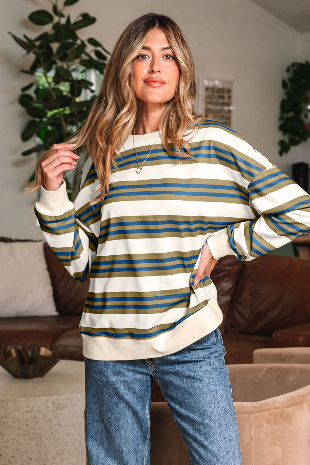 Khaki & Brown Stripe Crew Neck Drop Shoulder Pullover Sweatshirt