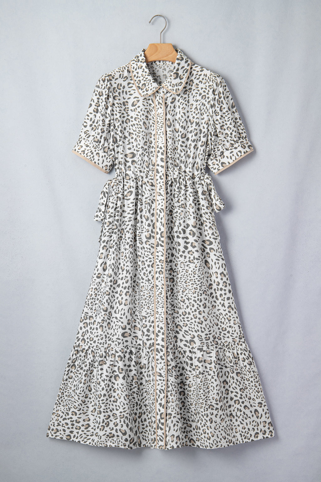 Women's White Leopard Contrast Trim Button Front Short Puff Sleeve Long Dress Maxi Sundress at LivelyLooks