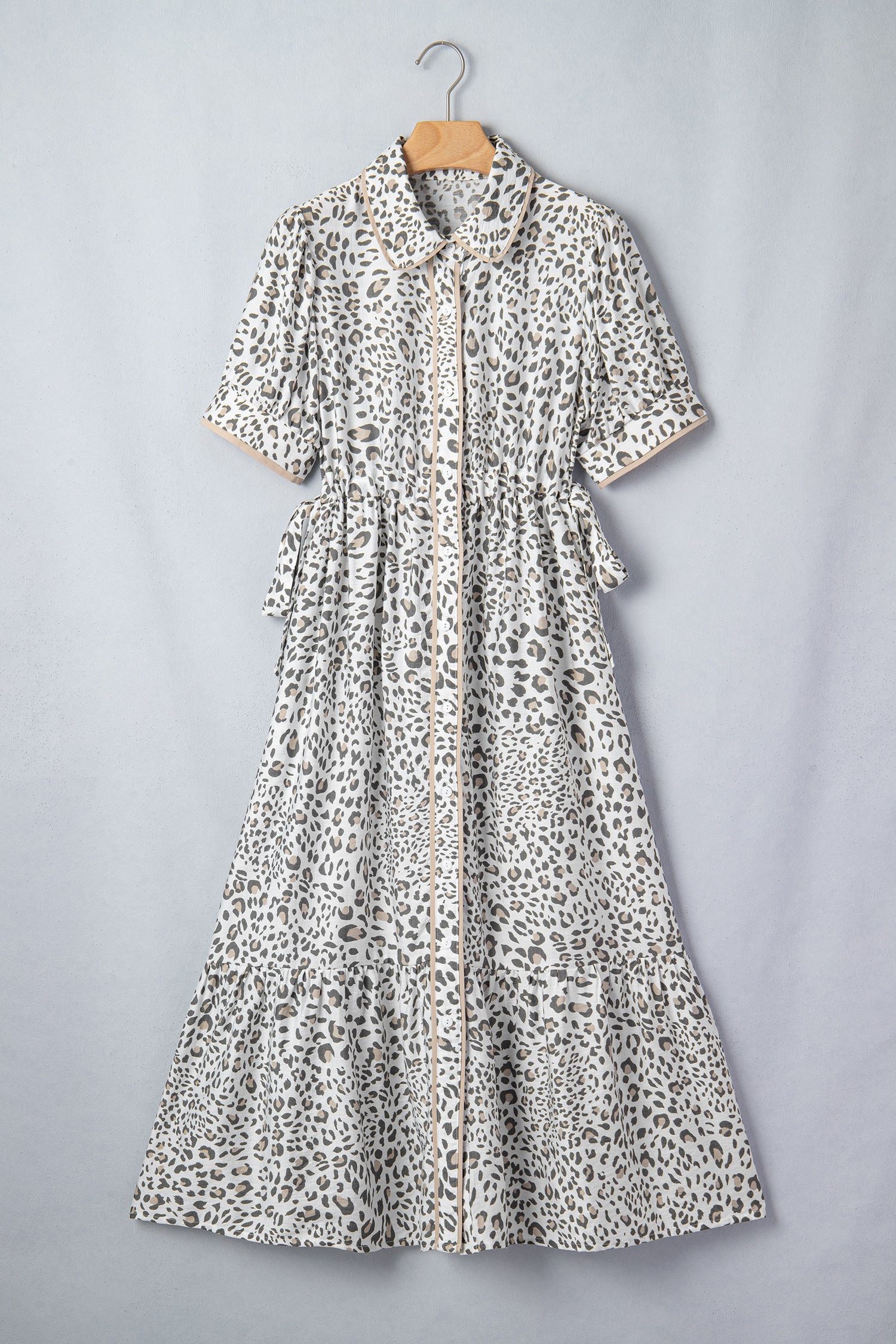 Women's White Leopard Contrast Trim Button Front Short Puff Sleeve Long Dress Maxi Sundress at LivelyLooks
