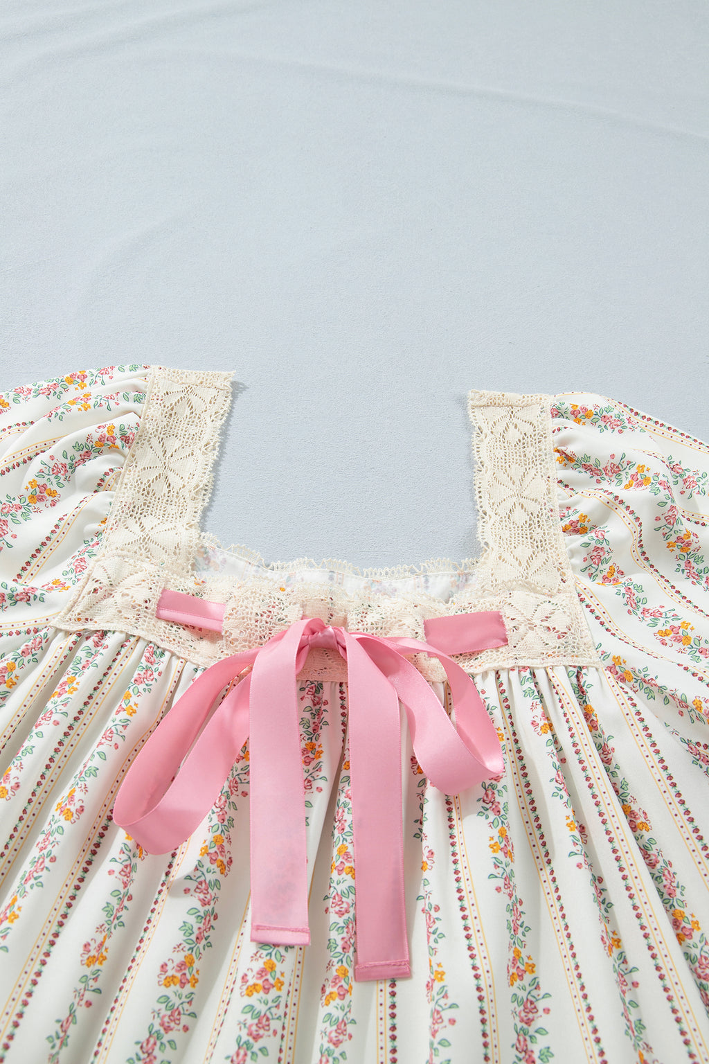 Multicolour Floral Ribbon Bow Lace Trim Square Neck Babydoll Mini Dress