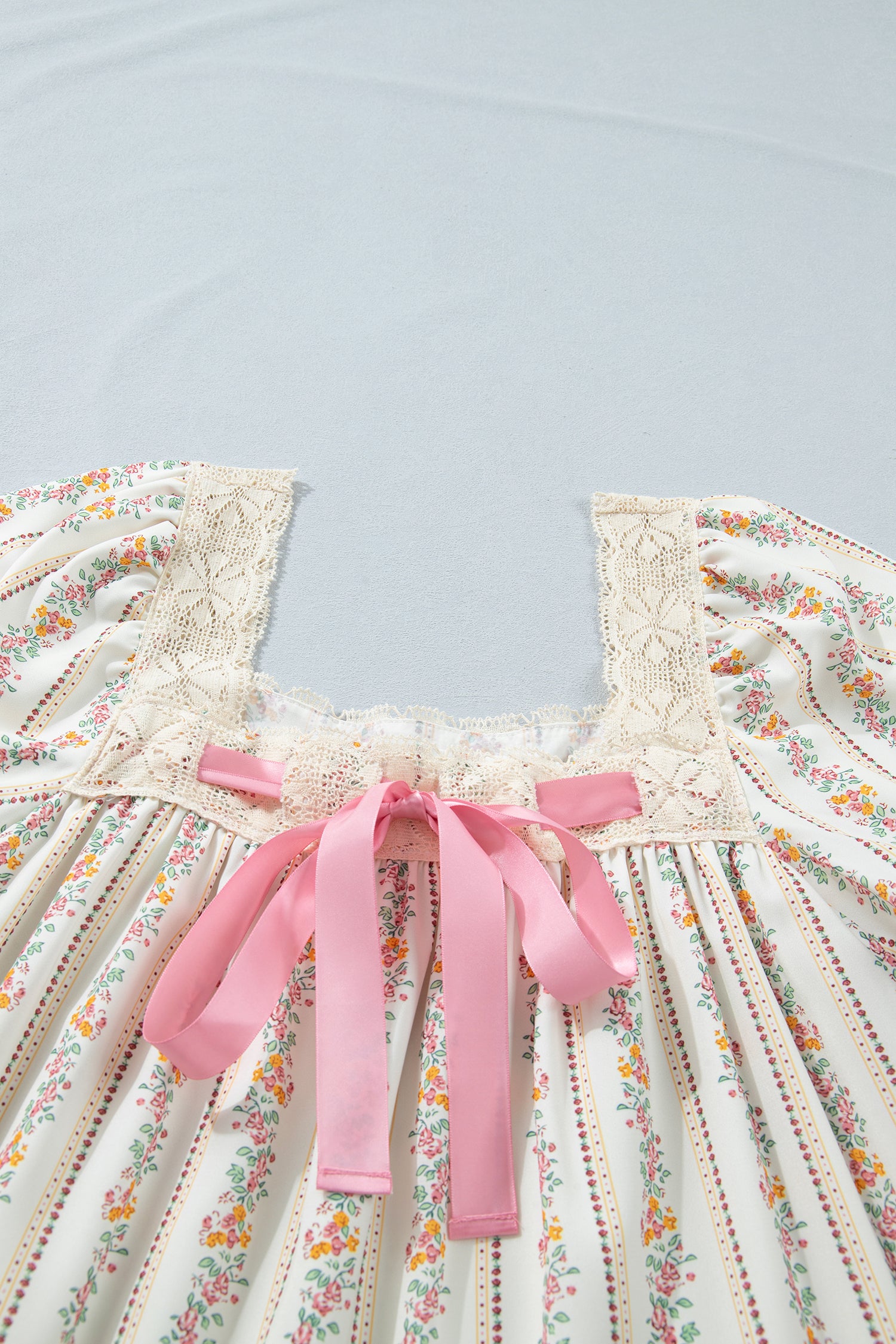 Multicolour Floral Ribbon Bow Lace Trim Square Neck Babydoll Mini Dress