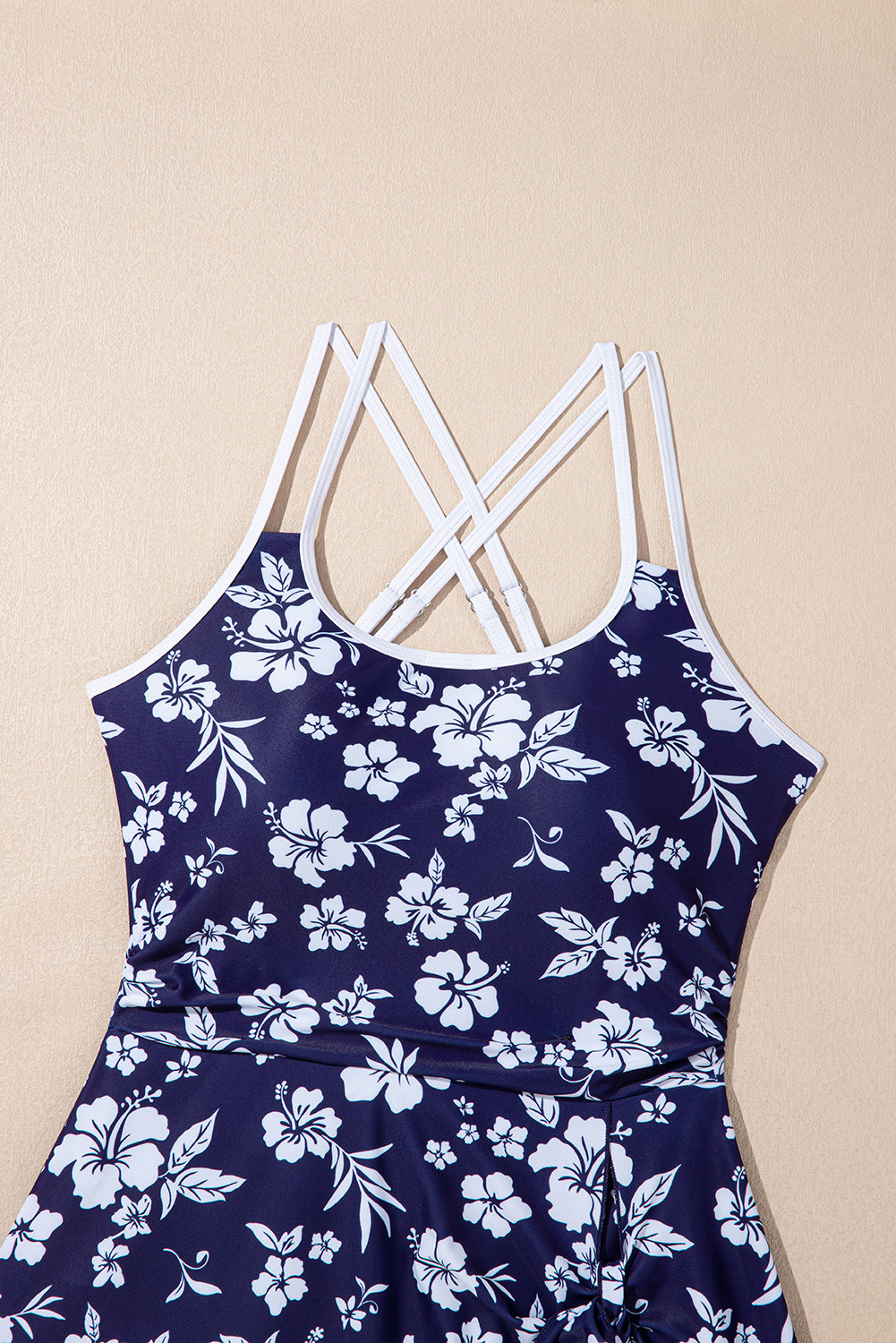 Women's Women Floral Print Crossed Back Knot Side One Piece Swimsuit Blue Navy S-XL at LivelyLooks