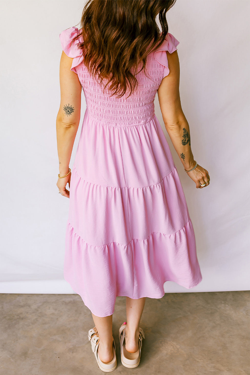 Women's Pink Smocked Bodice Flutter Sleeve Fit & Flare Tiered Midi Dress at LivelyLooks