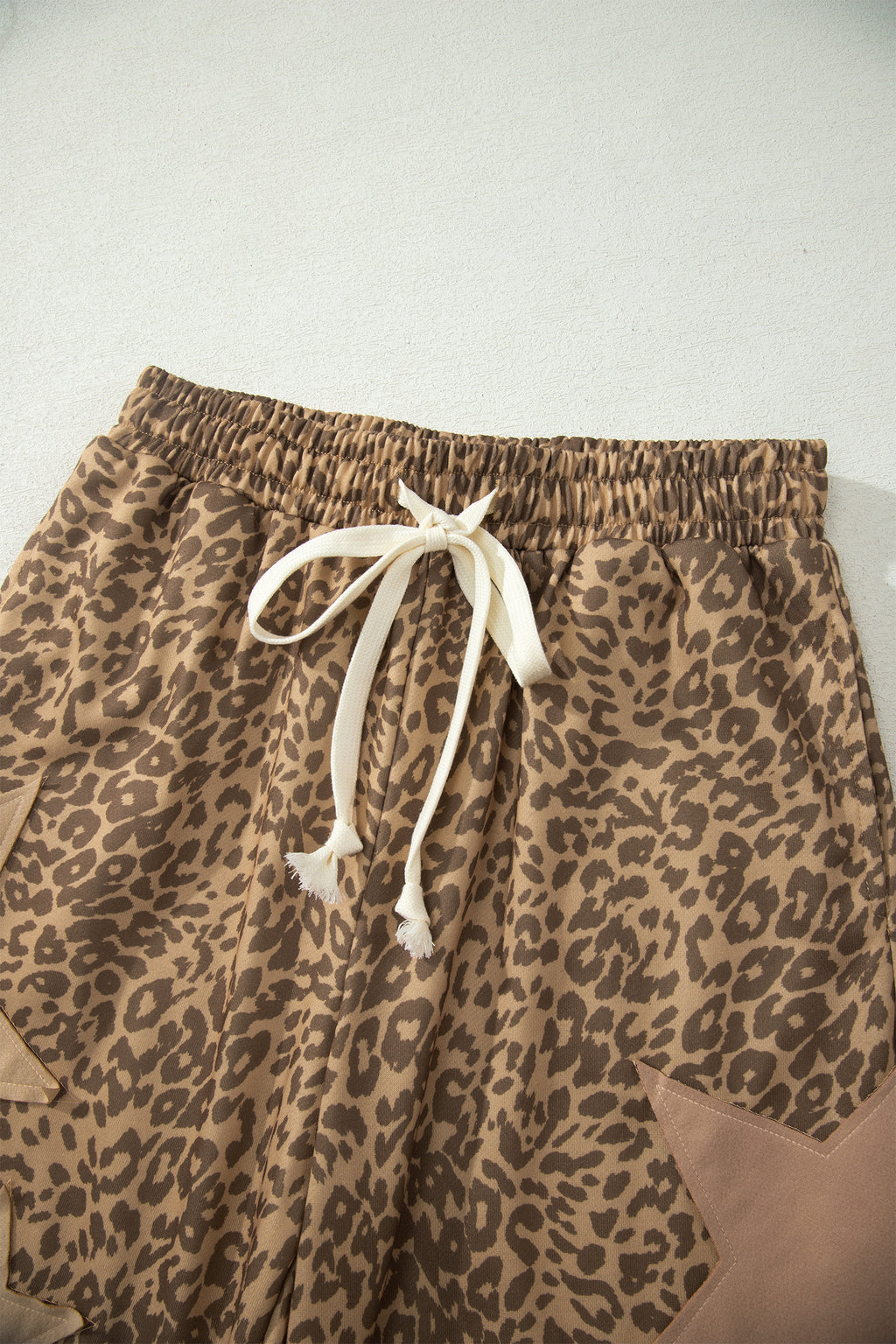 Khaki Leopard Print Jogger Pants Star Patch Drawstring Elastic Waist Women S-XL