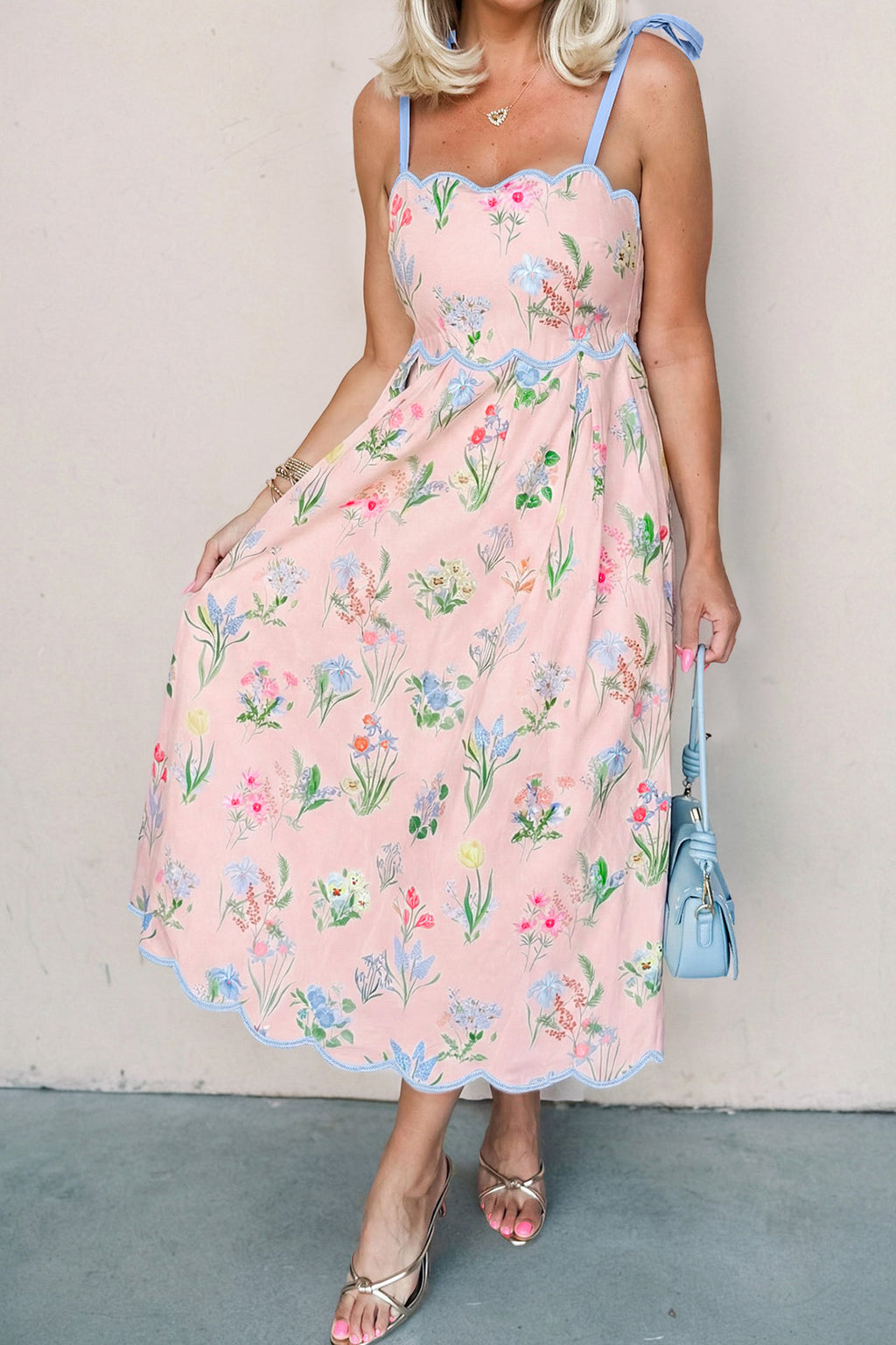 Floral Midi Dress Contrast Trim Self-Tie Straps High Waist Beige Pink Yellow
