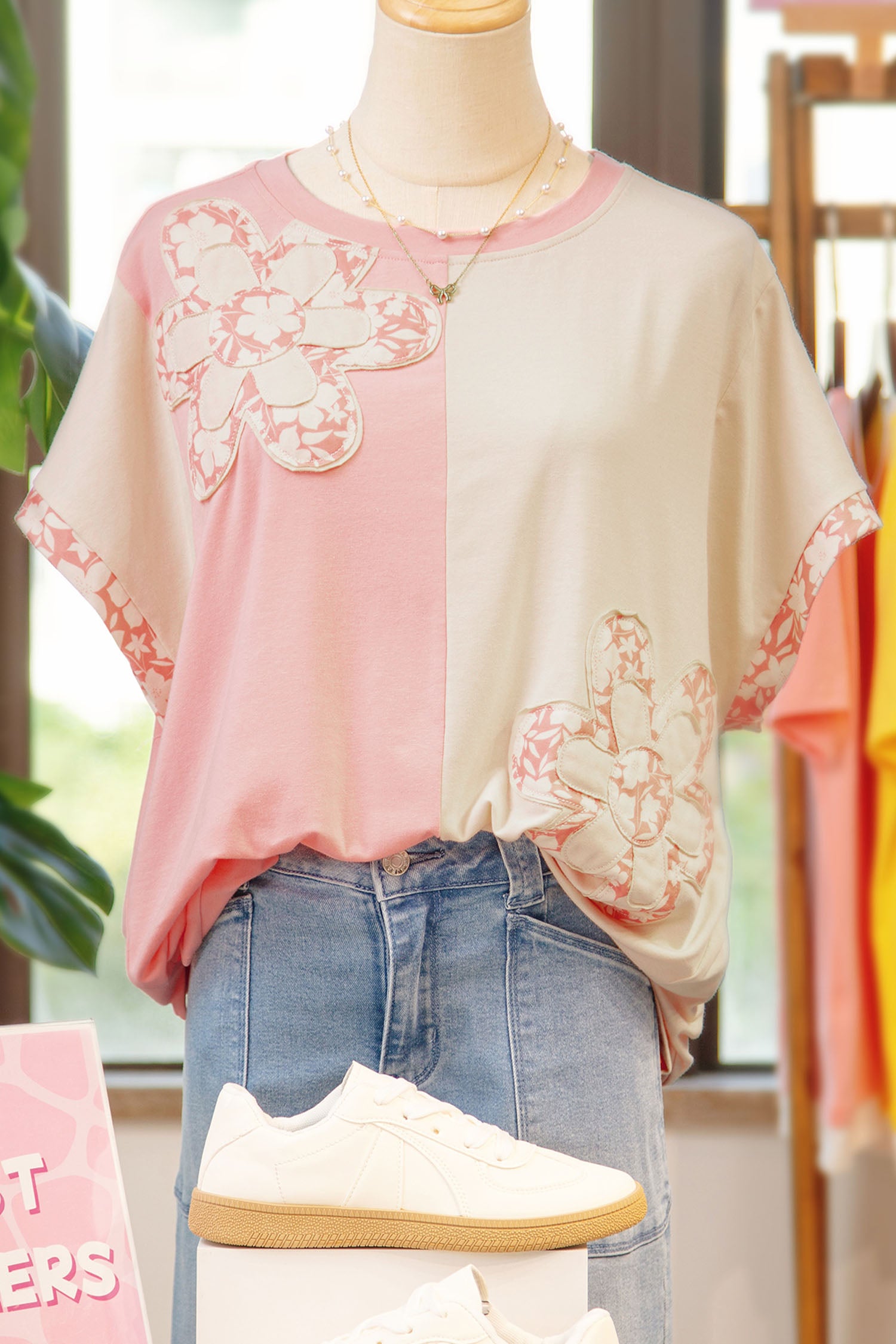Beige Colour Block Flower Patch Loose T-Shirt | Casual Top