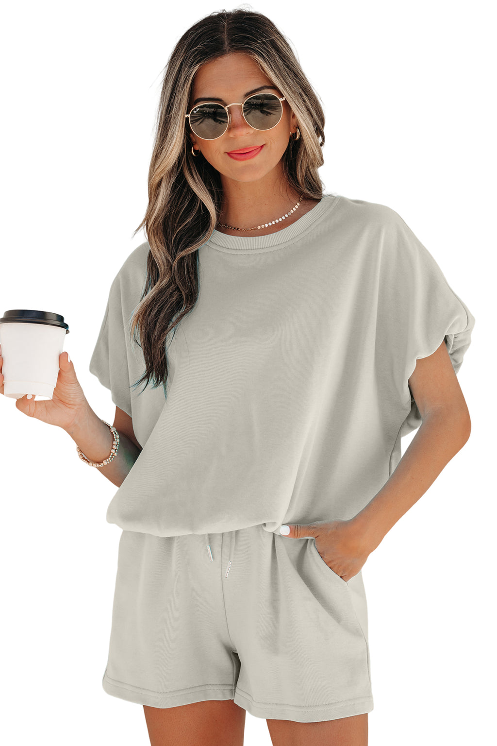 Puffy Loose Top & Drawstring Shorts Set – Smoke Grey & Light Blue