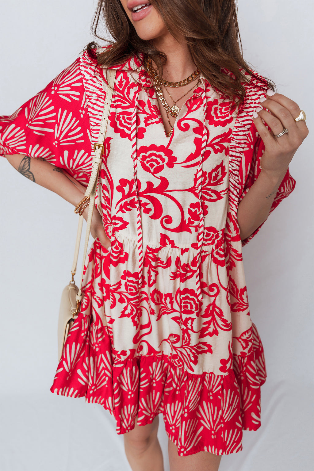 Women's Red Floral Collared V-Neck Half Sleeve Loose Mini Dress at LivelyLooks