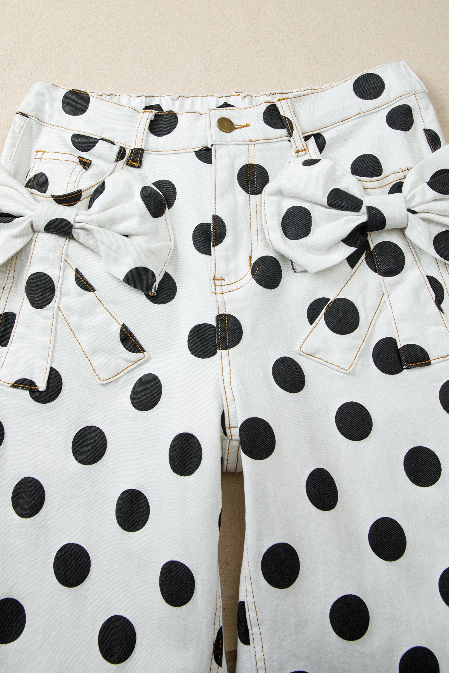 Polka Dot Print Bow Detail Pocketed Loose Jeans | White & Sky Blue