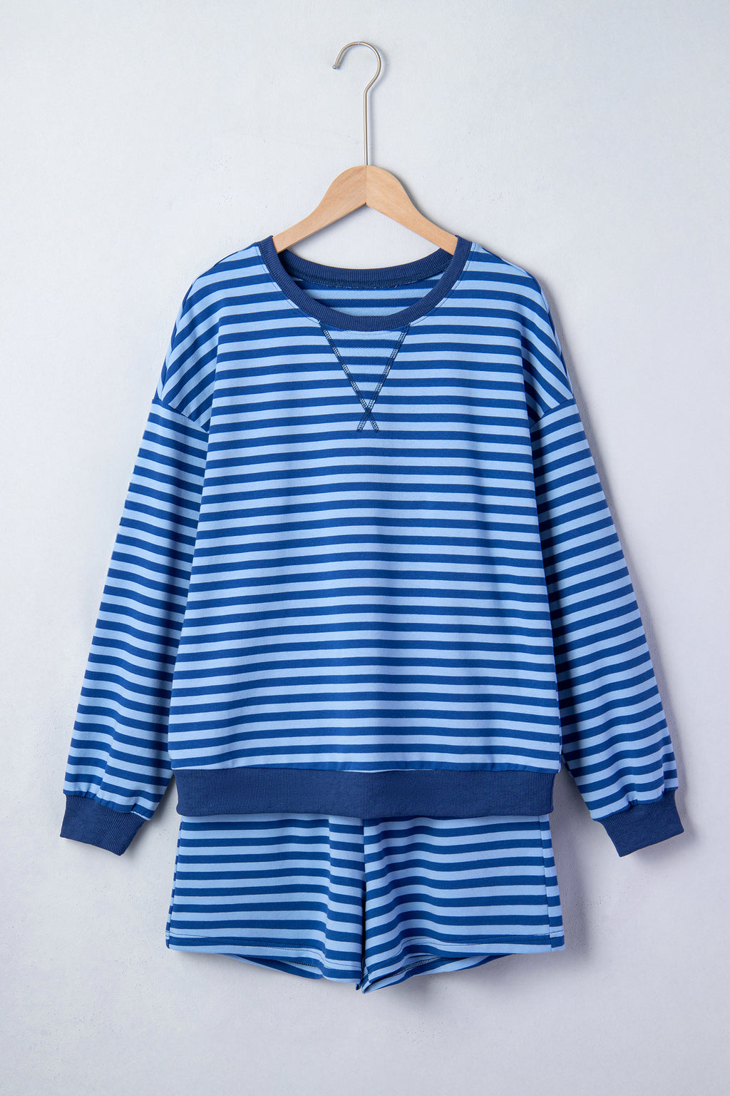 Blue Stripe Drop Shoulder Pullover & Elastic Waist Shorts Set