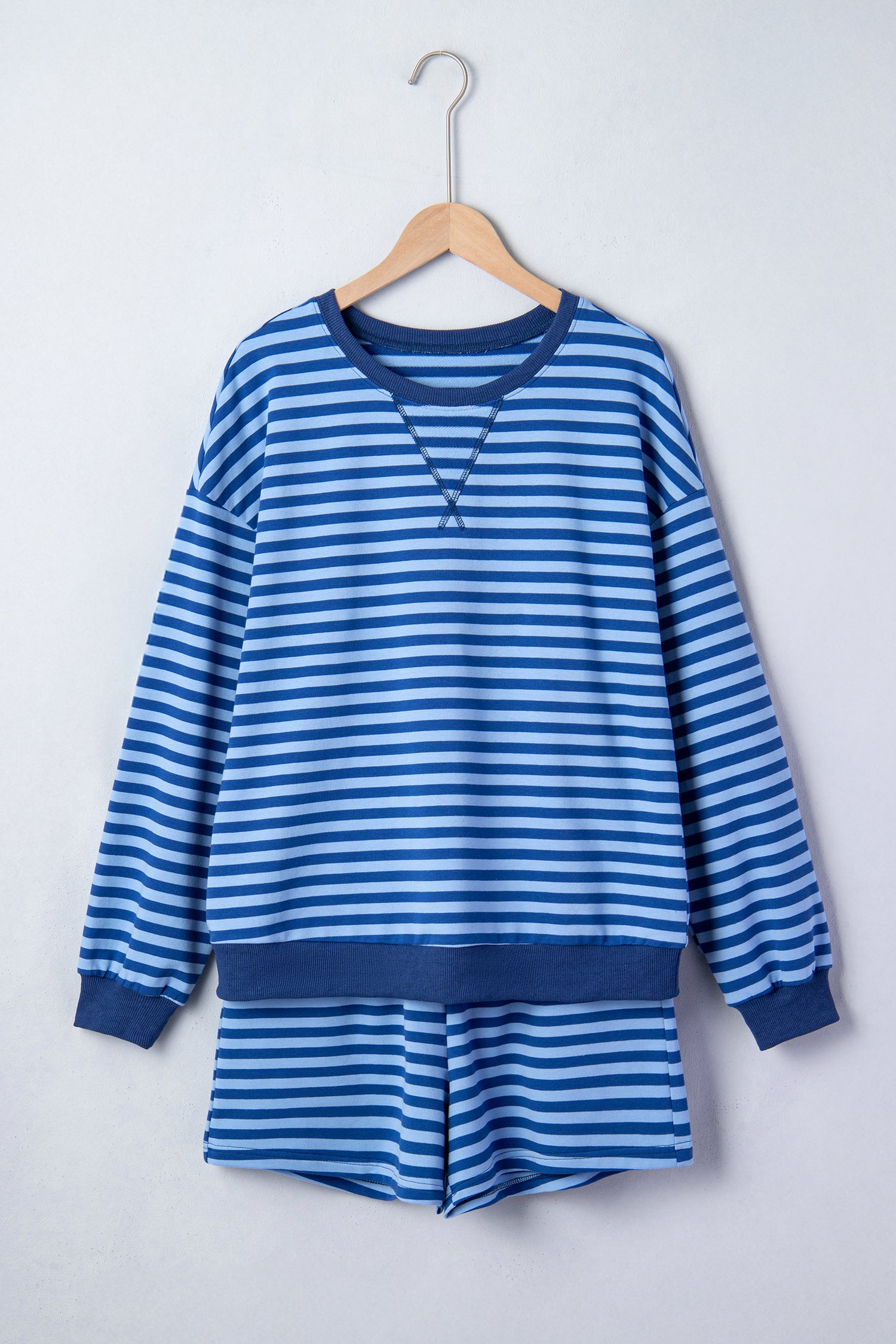Blue Stripe Drop Shoulder Pullover & Elastic Waist Shorts Set