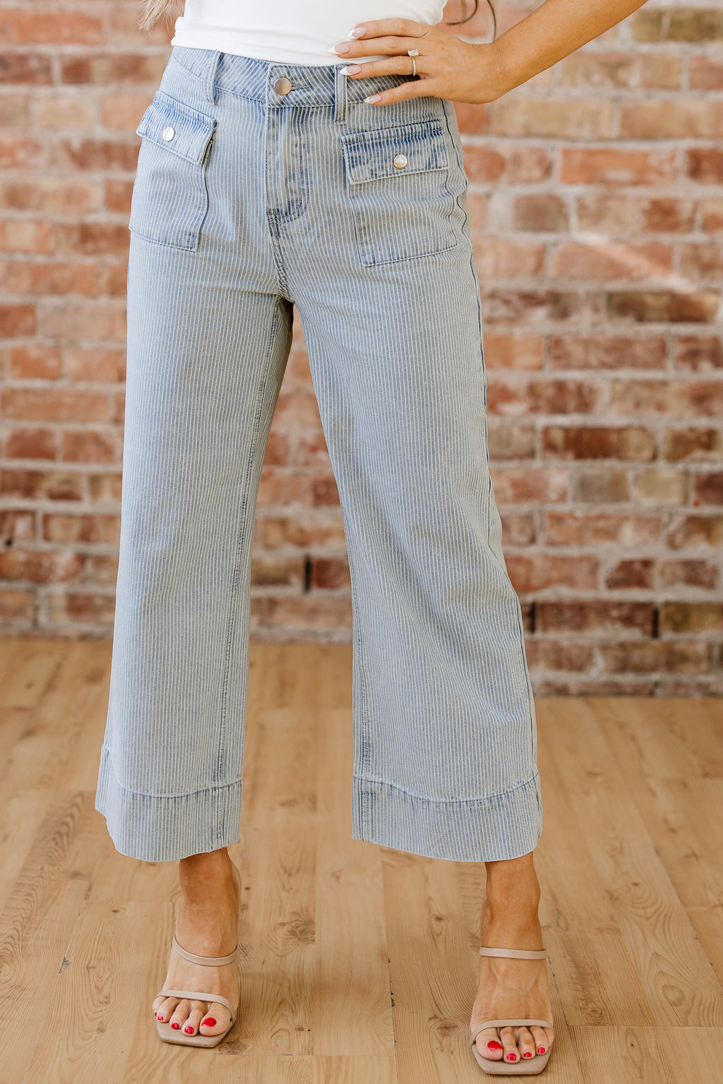 Women's Women's Stripe Wide Leg Jeans Button Flap Pocket Cuffed Hem Sizes 4-16 at LivelyLooks