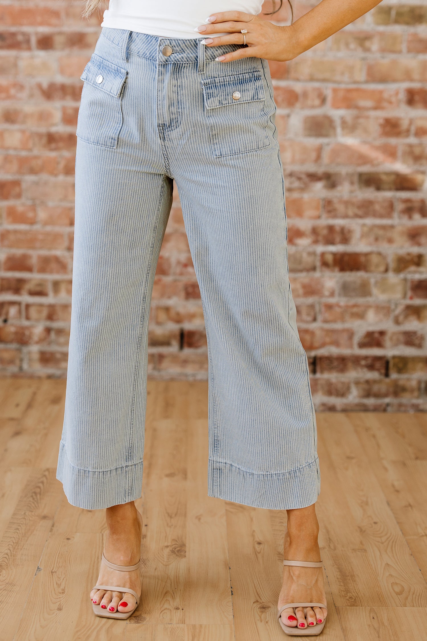 Women's Women's Stripe Wide Leg Jeans Button Flap Pocket Cuffed Hem Sizes 4-16 at LivelyLooks