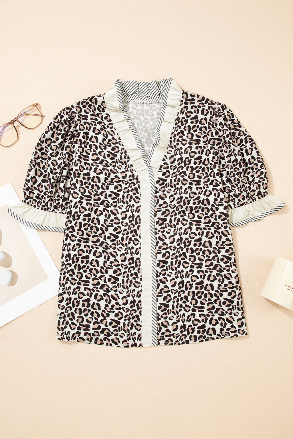 Black Leopard Print Striped Ruffled Colourblock Trim V Neck Short Sleeve Blouse | UK 10–18