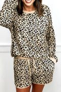 Brown Leopard Contrast Trim Pullover & Drawstring Shorts Set