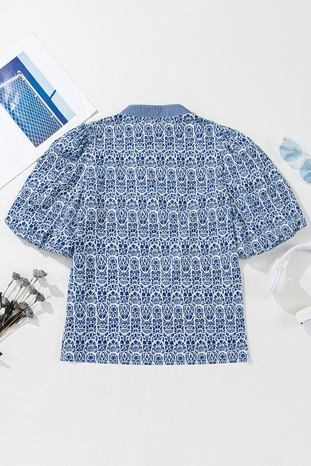 Blue Floral Striped Contrast Ric-Rac Trim Puff Sleeve Top