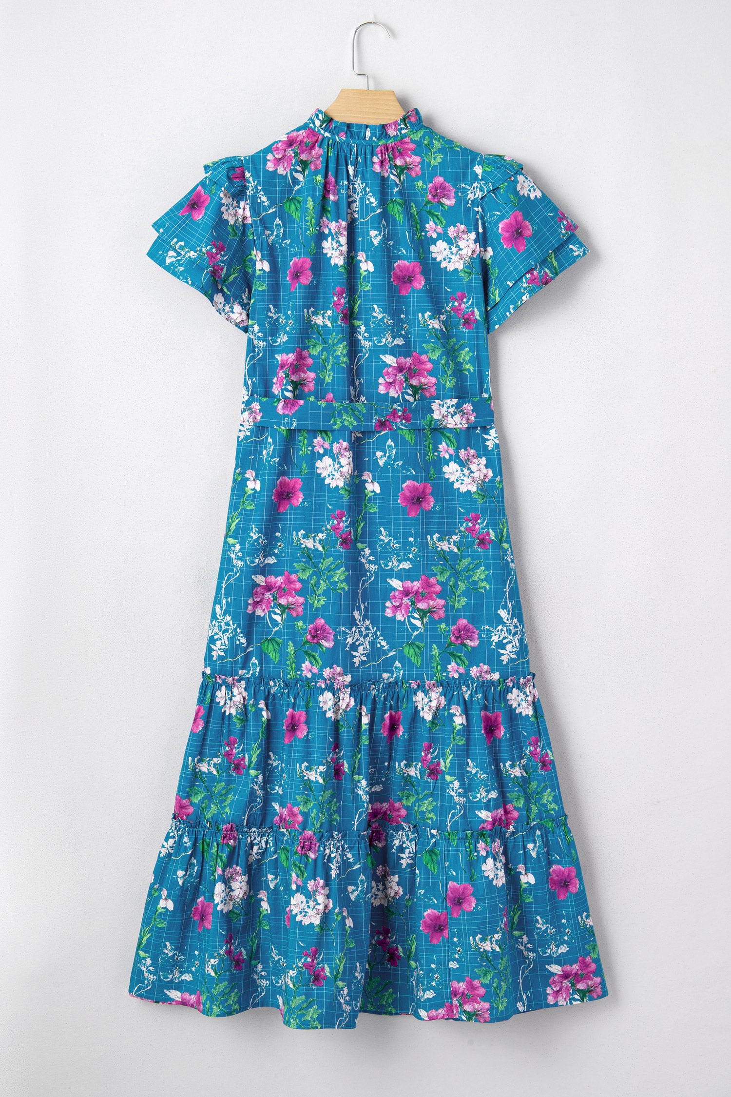 Blue Floral Flutter Sleeve Button Tie Split Neck Belted Long Dress S-XL