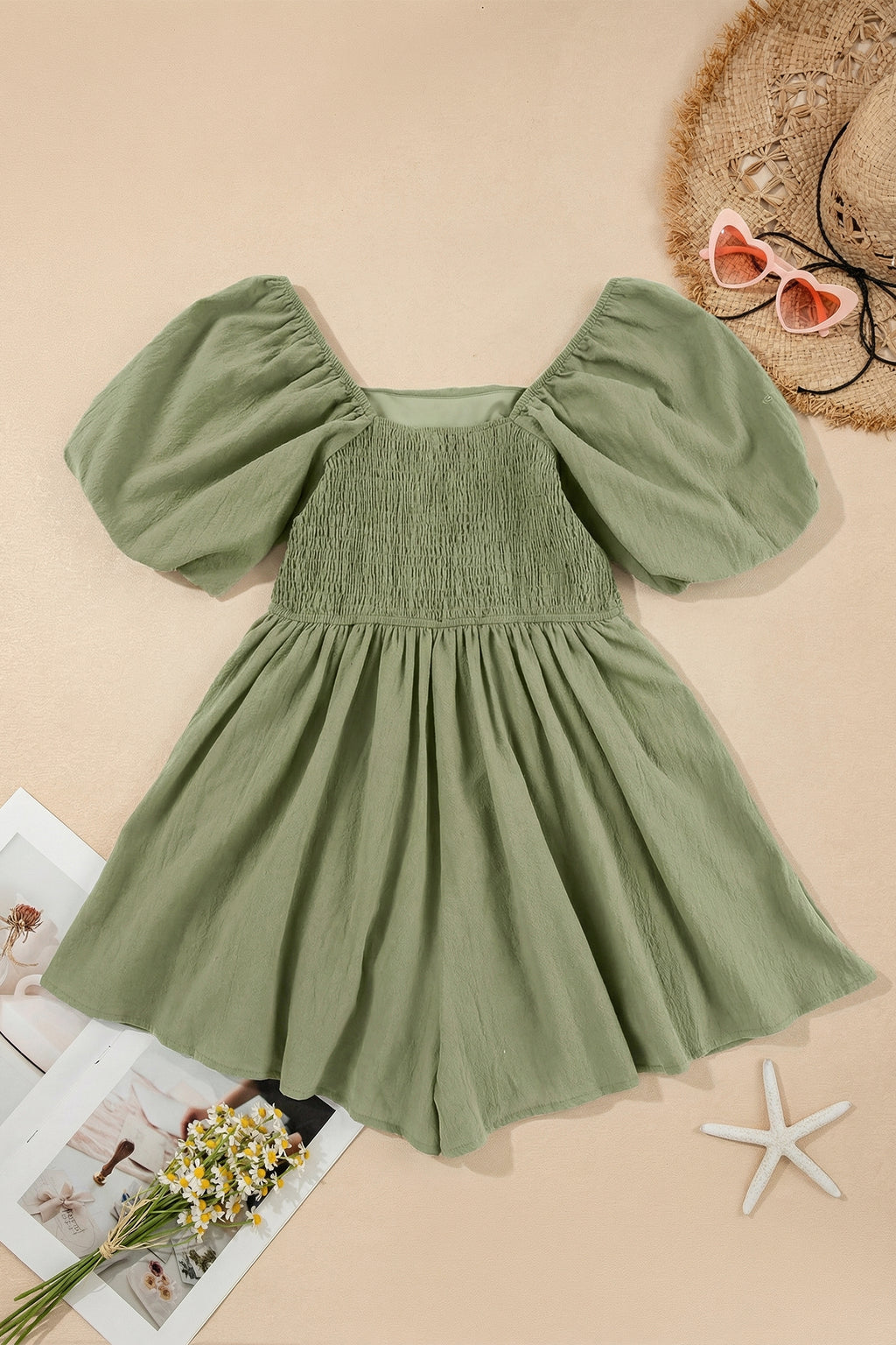 Sky Blue & Brown Square Neck Ruched Puff Sleeve Romper