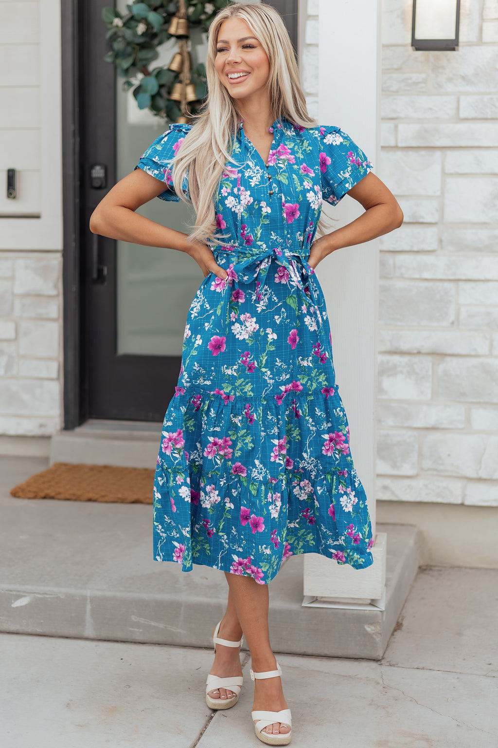 Blue Floral Flutter Sleeve Button Tie Split Neck Belted Long Dress S-XL