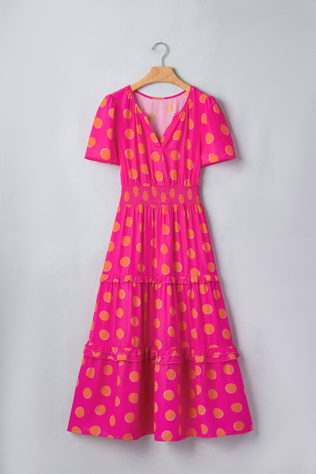 Rose Polka Dot Shirred High Waist Midi Dress | Short Sleeve Shadow Print