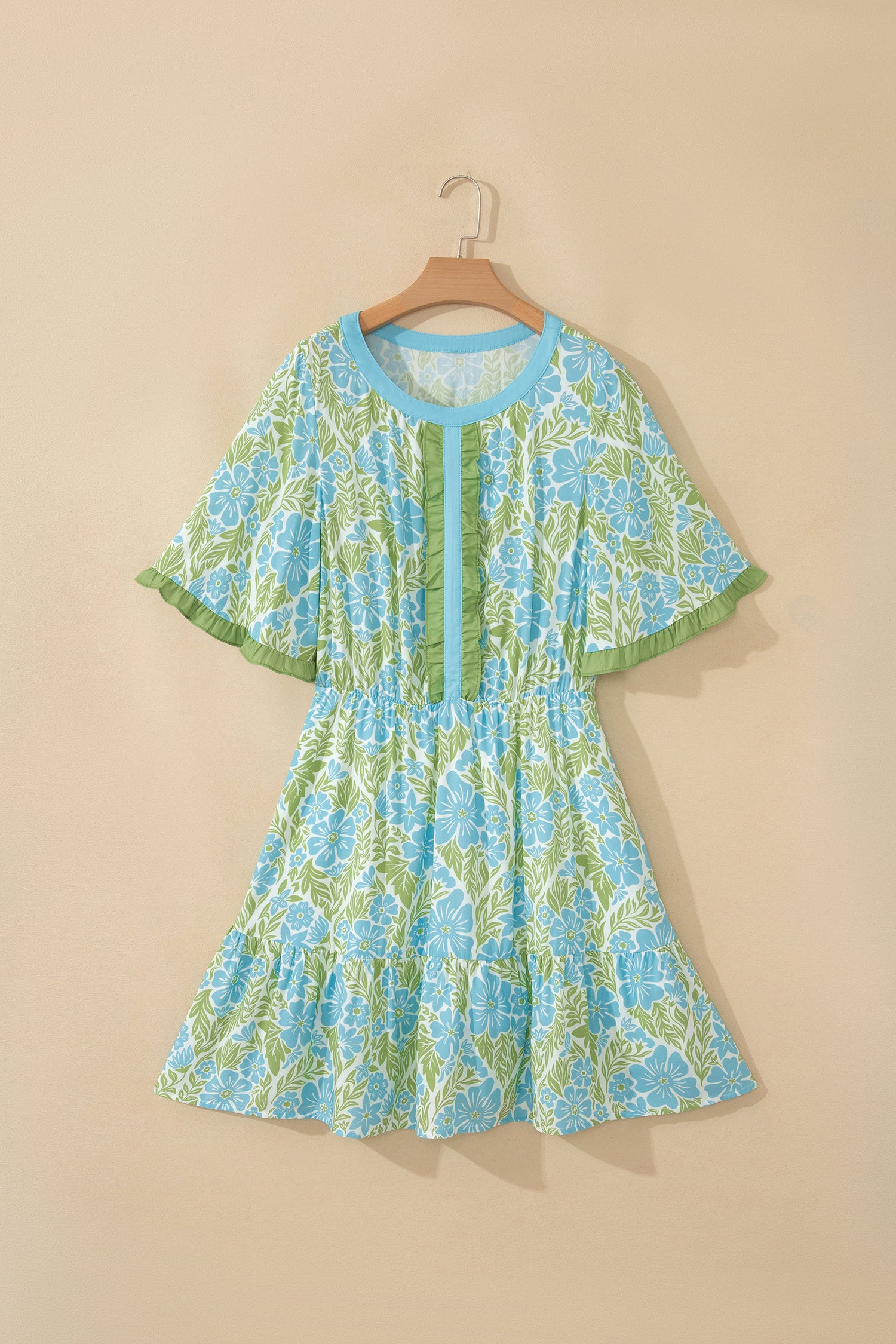 Sky Blue Floral High Waist Ruffle Short Sleeve Mini Dress S-XL
