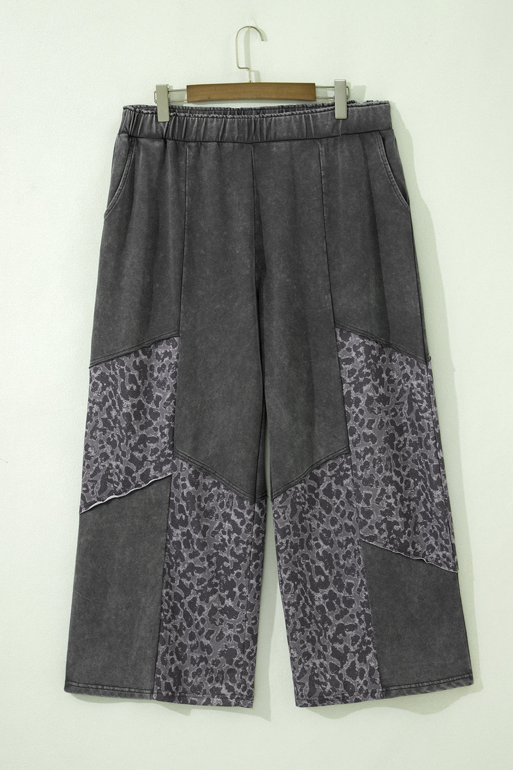 Women's Dark Grey Plus Size Leopard Patchwork Wide Leg Pants | Mineral Wash at LivelyLooks