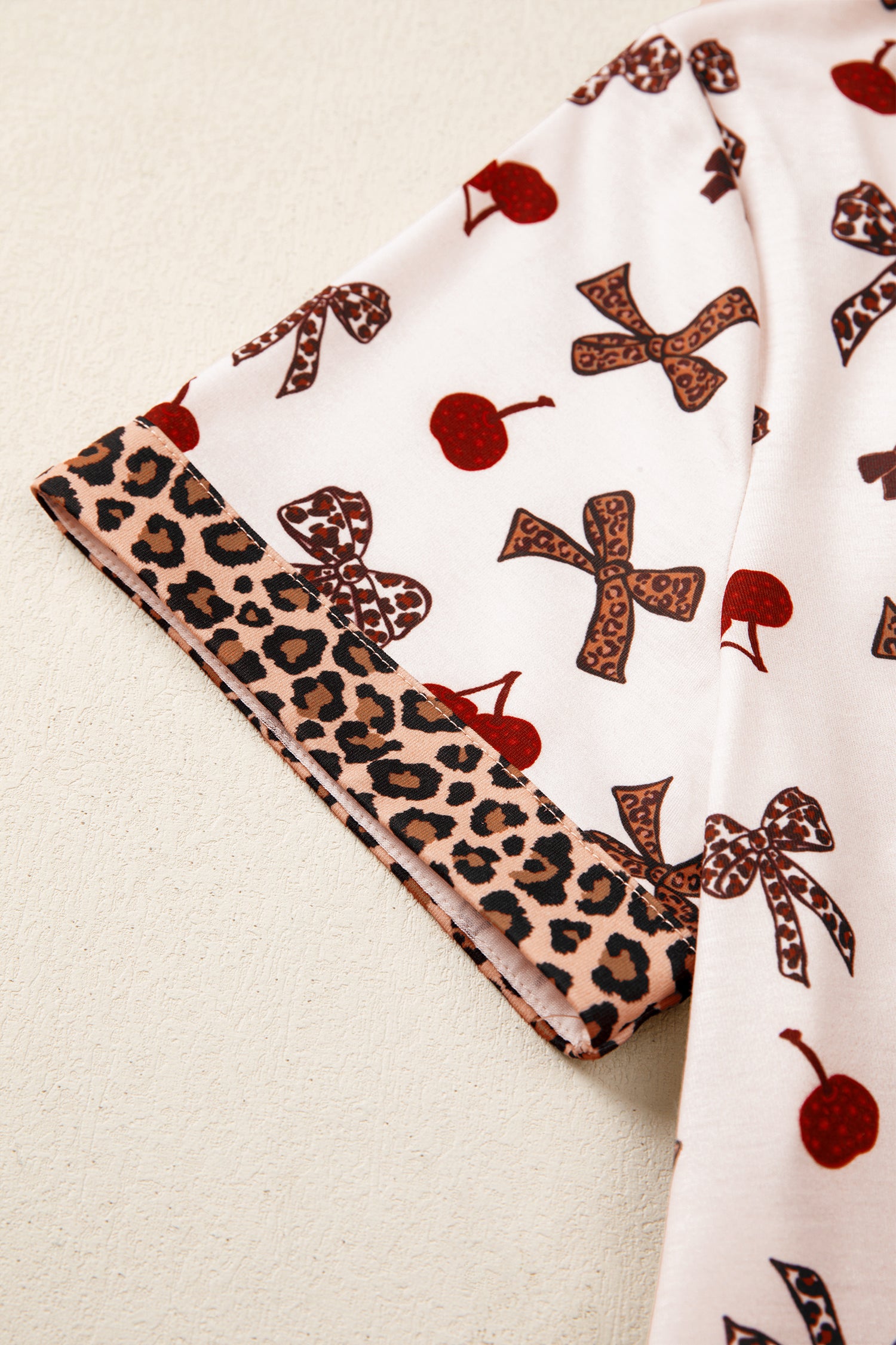 Women's White Cherry Print Leopard Patchwork PJ Set Bow Shirt and Drawstring Shorts Pyjamas at LivelyLooks