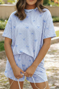 Sky Blue Tiny Heart & Bow Print Twisted Rib Loose 2pcs Short Set