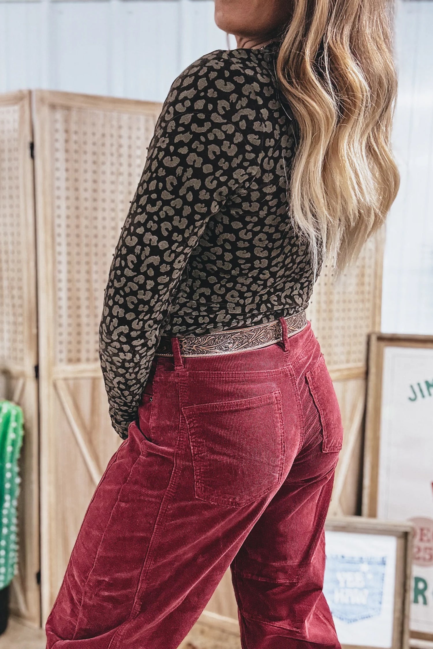Leopard Print Velvet Long Sleeve Western Pullover Top – Brown
