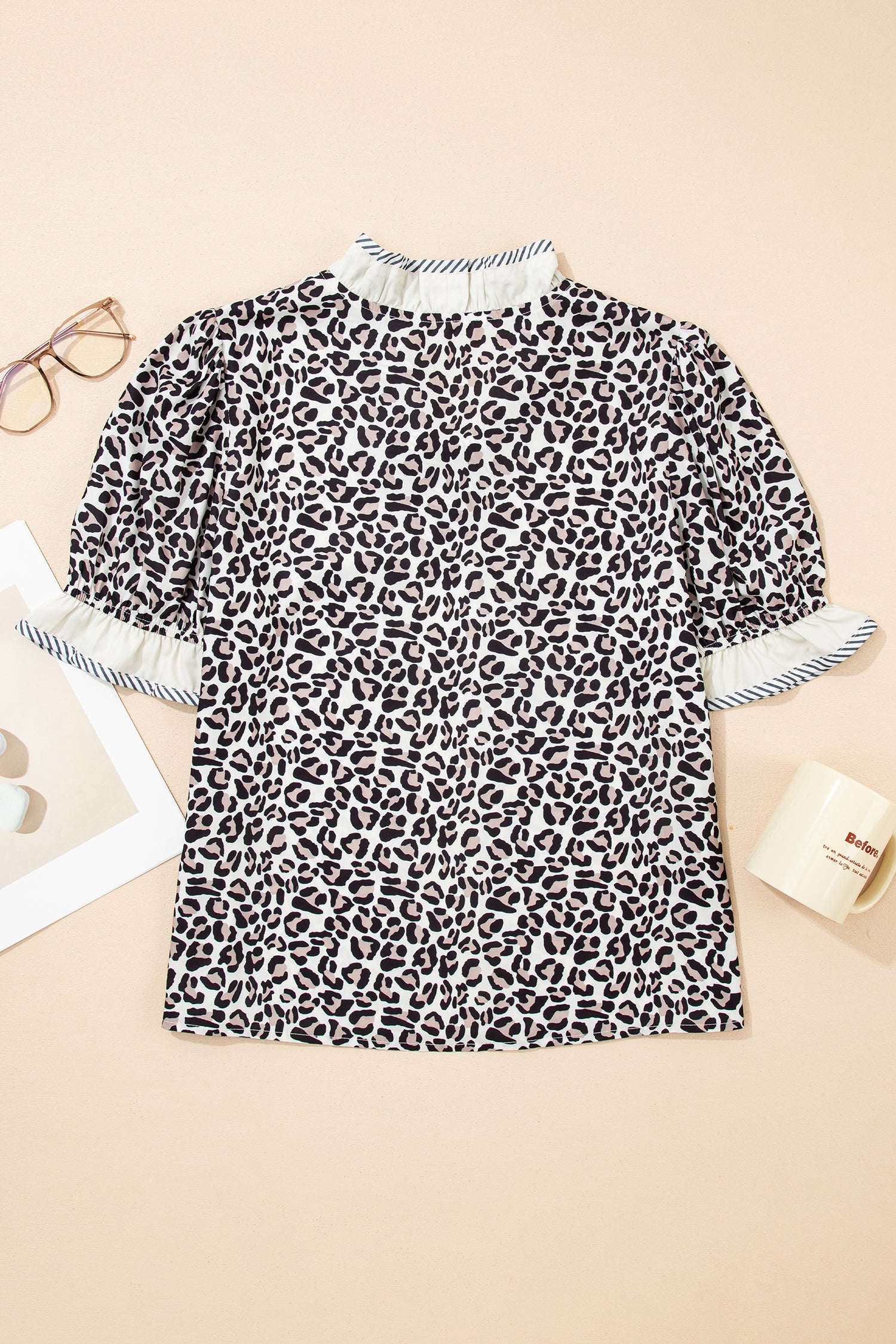 Black Leopard Print Striped Ruffled Colourblock Trim V Neck Short Sleeve Blouse | UK 10–18