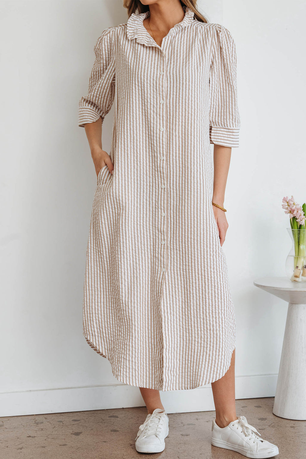 Khaki Stripe Frilled Collar Shirt Maxi Dress | Half Sleeve