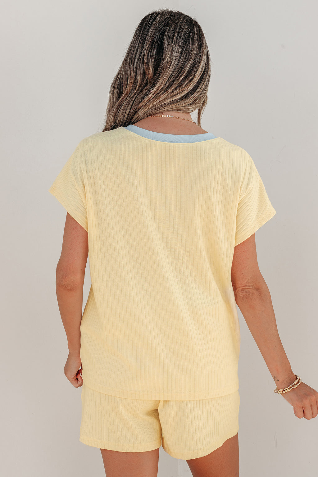 Mist Blue Ribbed Colour Block Tee & Shorts Co-ord Set