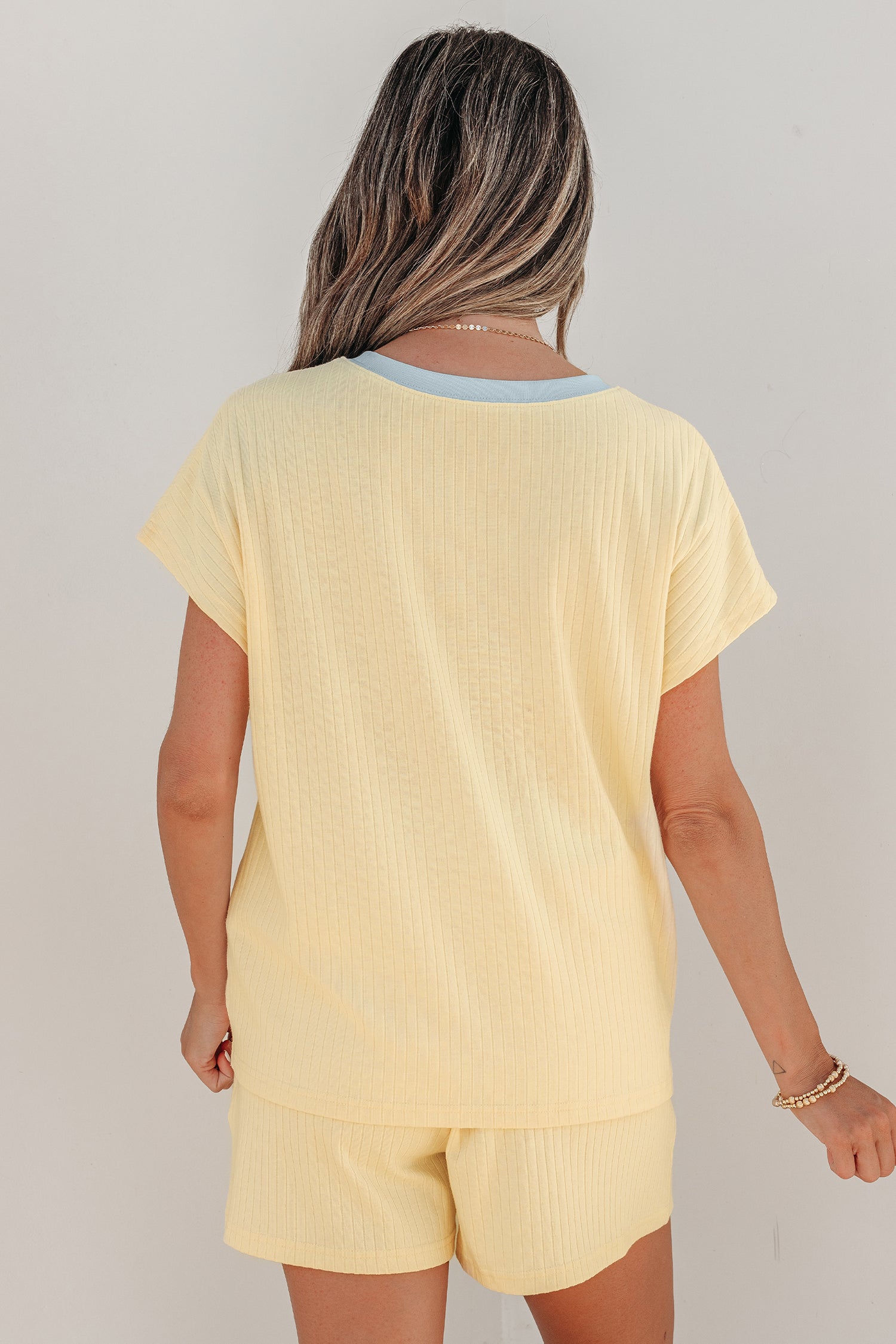 Mist Blue Ribbed Colour Block Tee & Shorts Co-ord Set