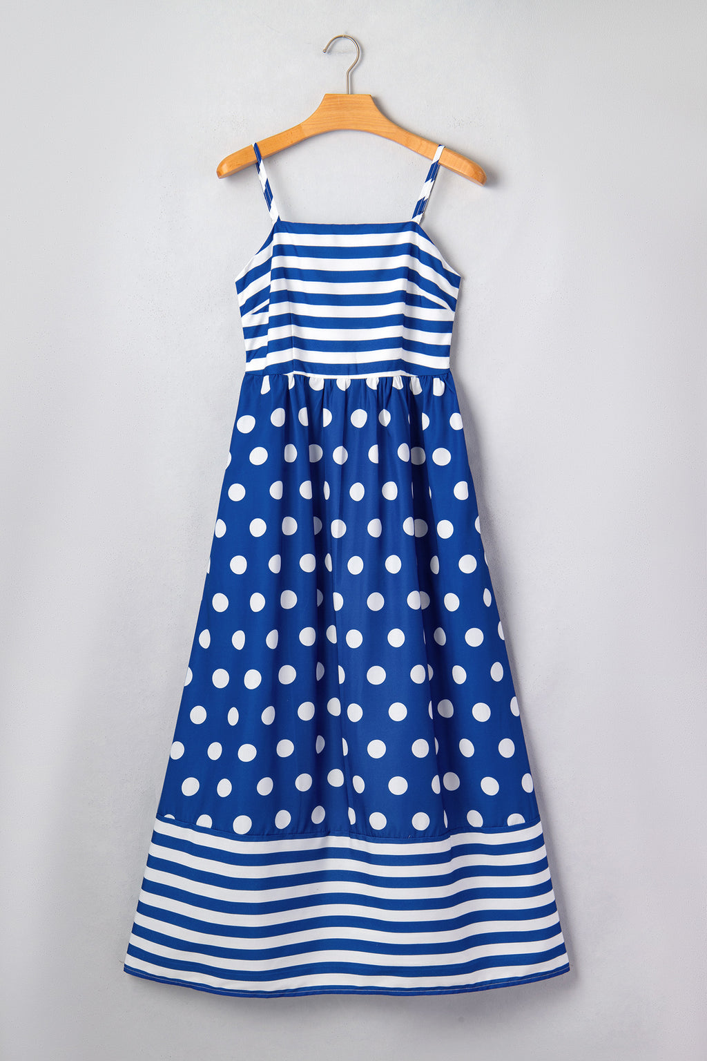Women's Blue Striped Polka Dot Patchwork High Waist Maxi Dress at LivelyLooks
