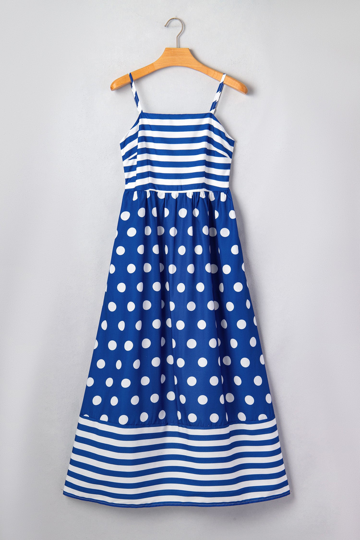 Women's Blue Striped Polka Dot Patchwork High Waist Maxi Dress at LivelyLooks