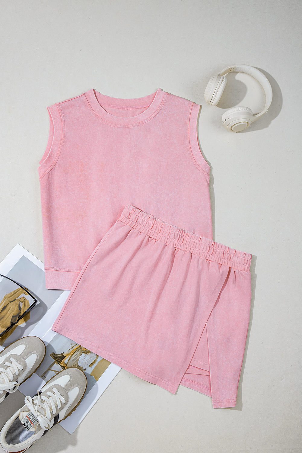 Women's Light Pink 2 Pieces Mineral Wash Cotton Tank Top Lined Split Skirt Set at LivelyLooks