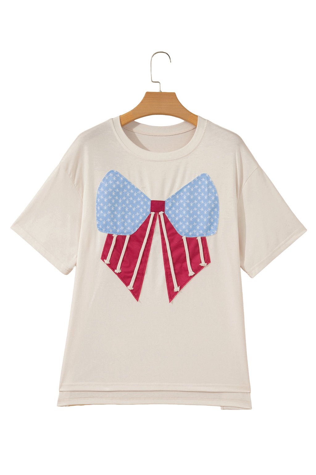White Loose Knit Tee Vintage Flag Bow Patch Short Sleeve Women S-XL