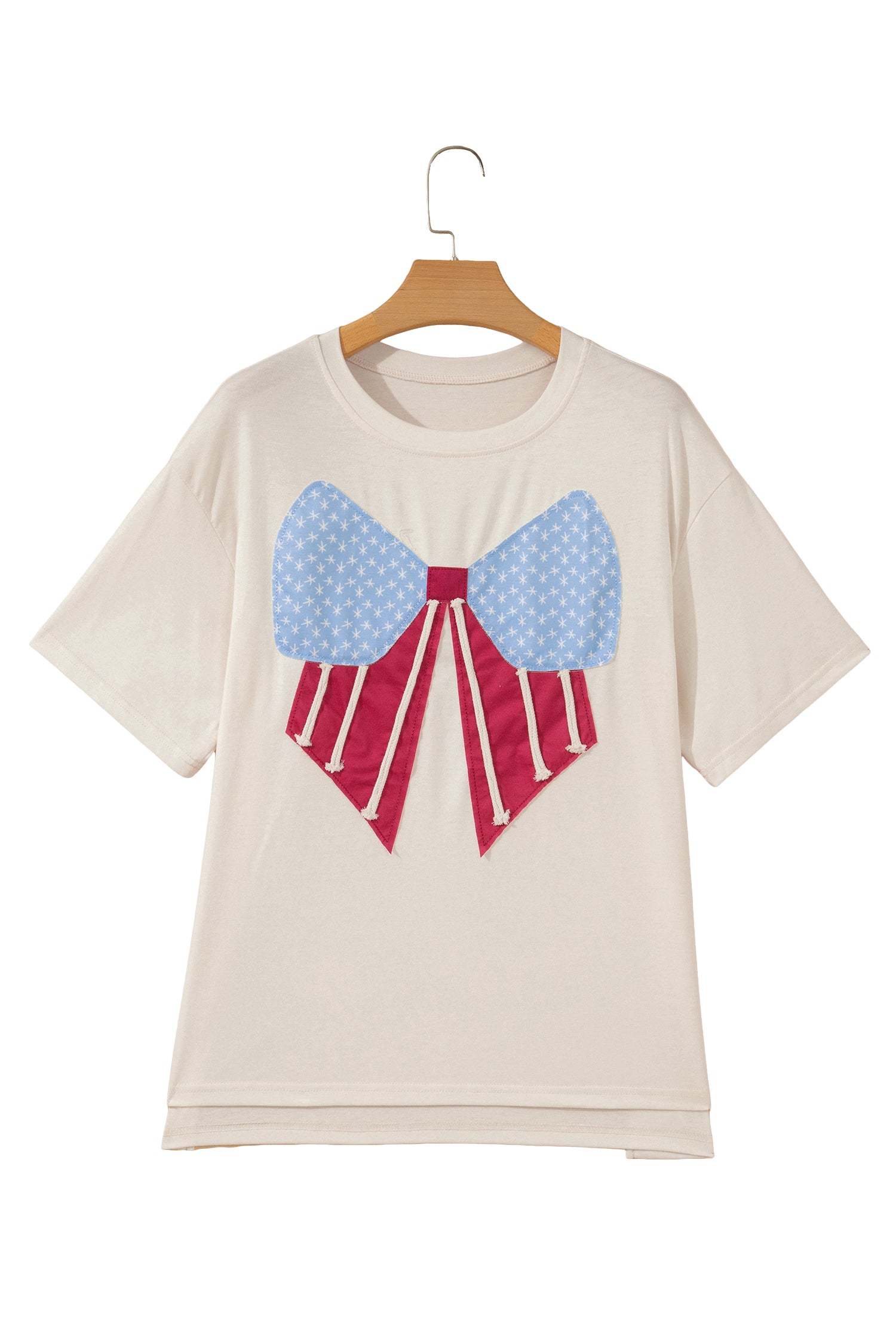 White Loose Knit Tee Vintage Flag Bow Patch Short Sleeve Women S-XL