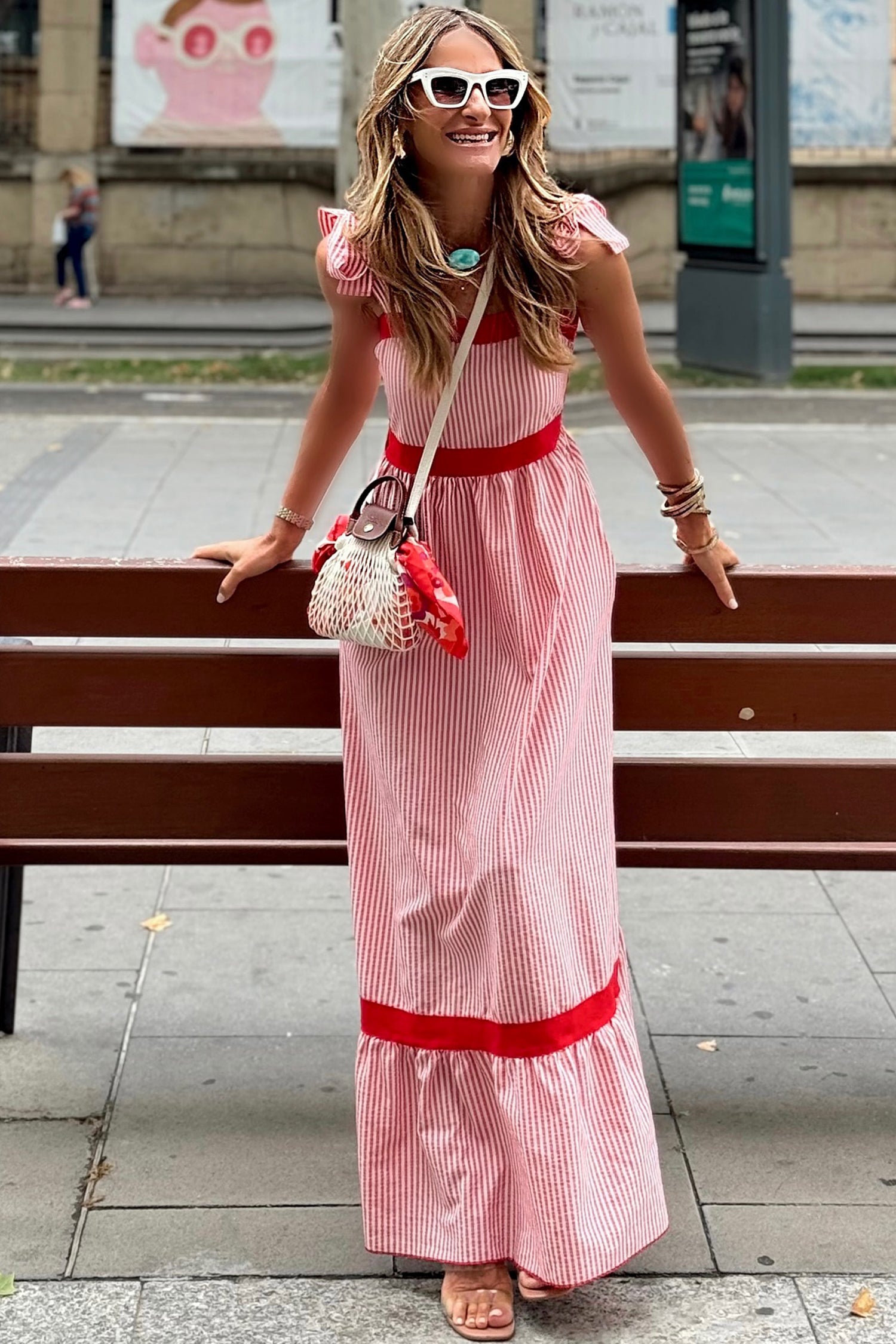 Women's Red Stripe Bow Knot Straps Contrast Trim High Waist Ruffle Maxi Dress at LivelyLooks
