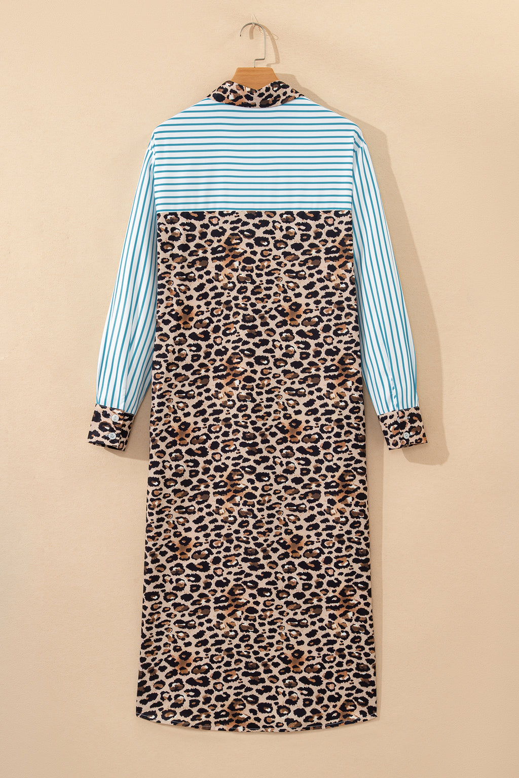 Women's Brown Stripe Contrast Leopard Patchwork Long Shirt Dress with Slits at LivelyLooks